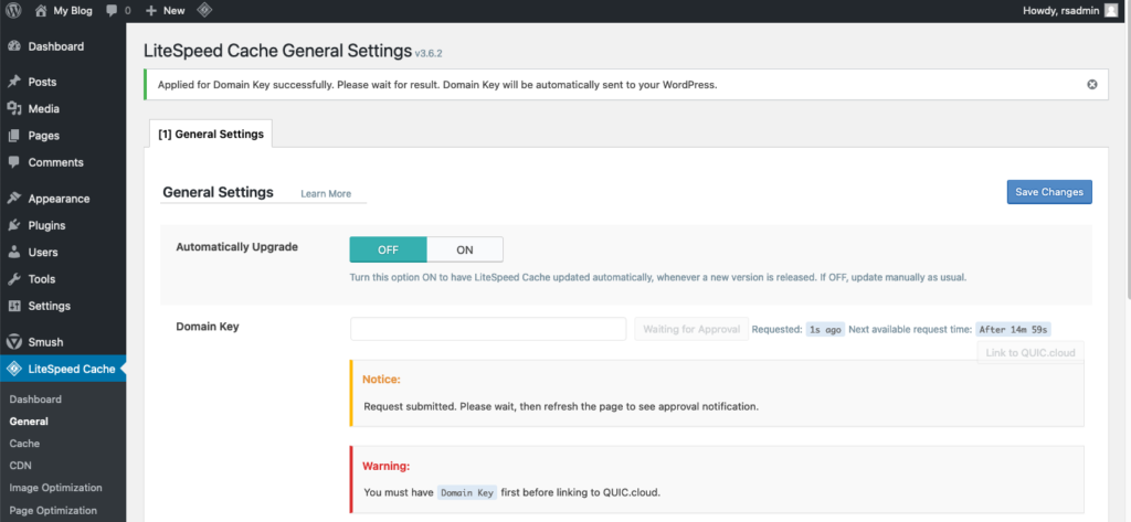 Quic.Cloud Request domain key