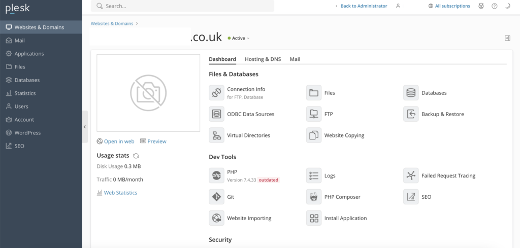 Windows Reseller Hosting End user Plesk control panel